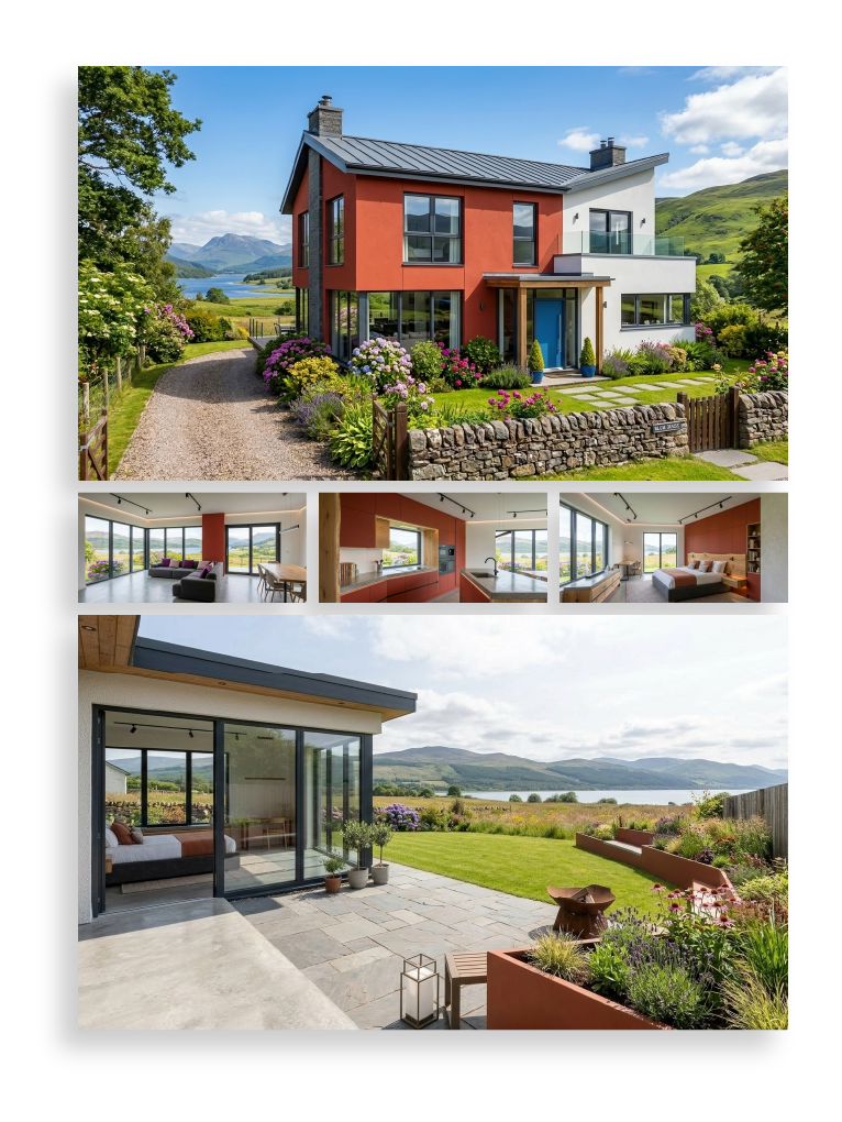 Light-filled Oban living space with floor-to-ceiling windows looking out over the loch and hills